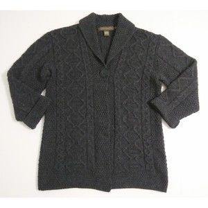 Inis Crafts Women's Large Merino Wool Dark Gray Cardigan Button Sweater